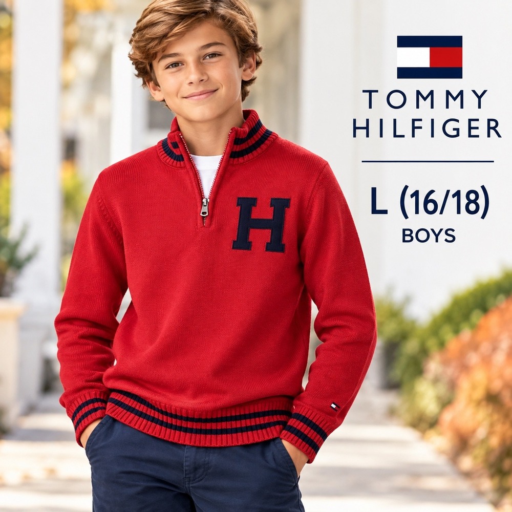 Tommy Hilfiger Boys L 16/18 Quarter Zip Sweater Red Blue Varsity H Preppy Cotton